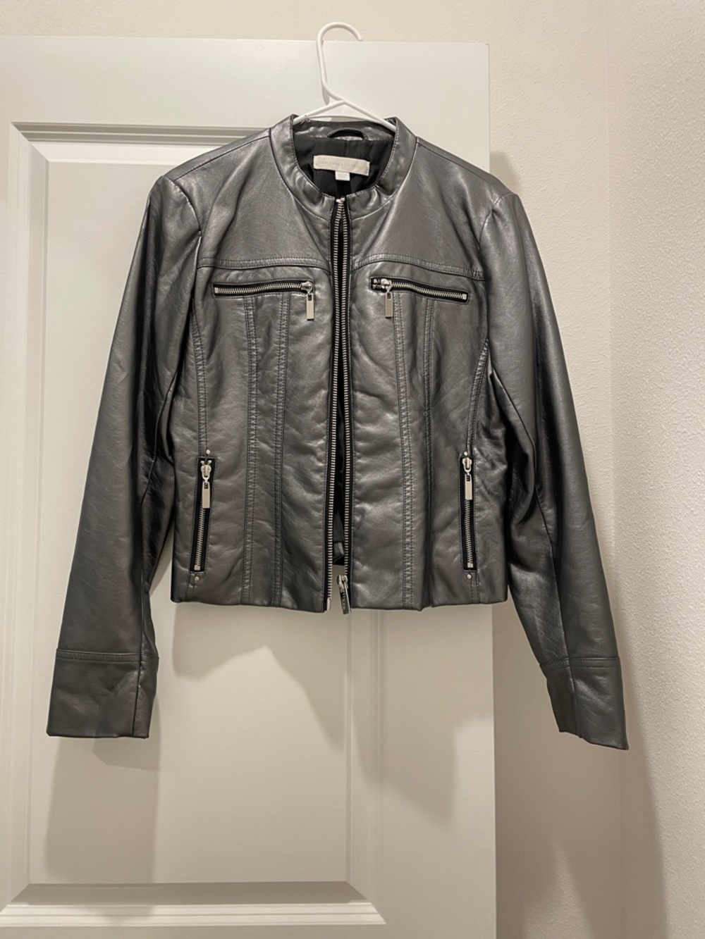 New York and Company Women's Gray Faux Leather Zip Moto Jacket